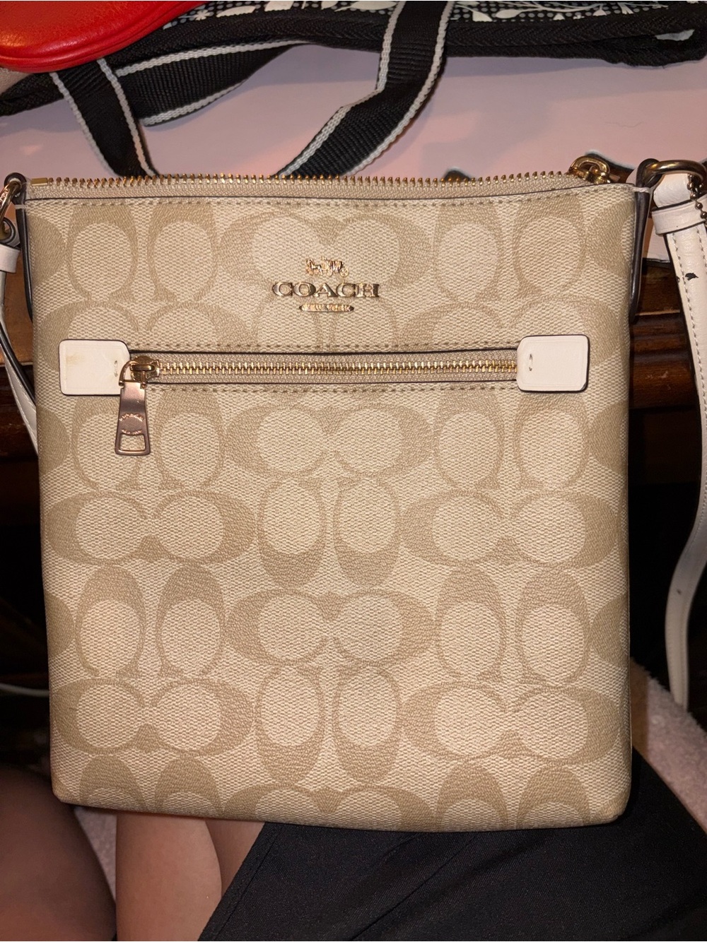 Coach Beige Signature Canvas Crossbody with Gold Hardware